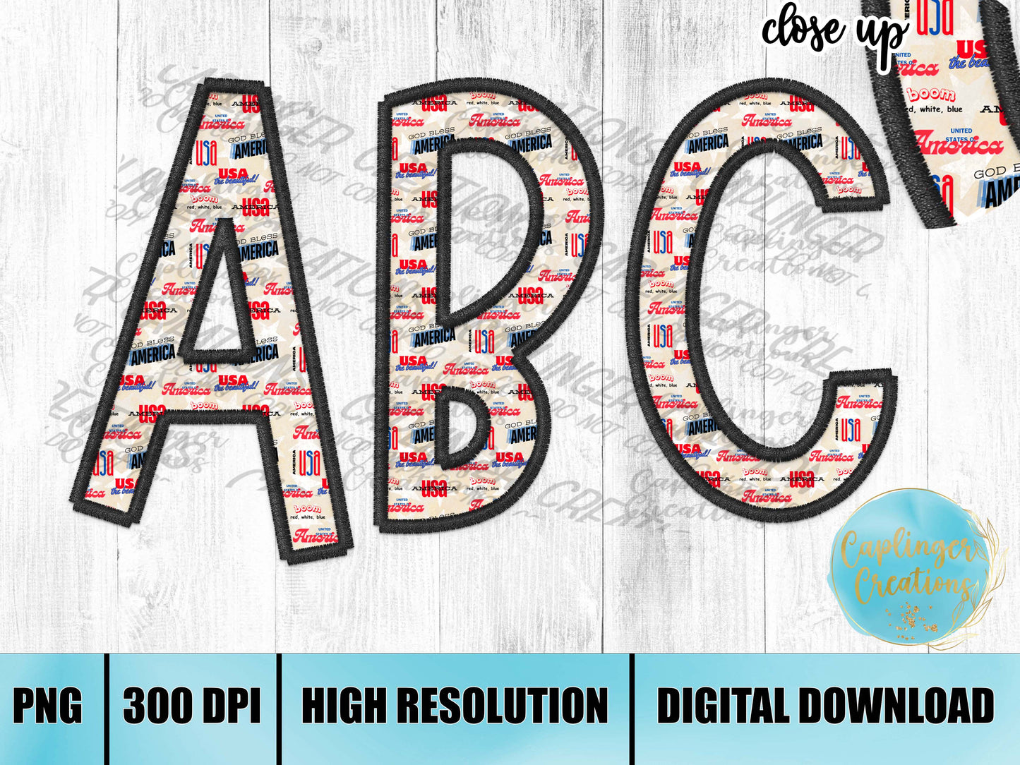 Patriotic words Faux Embroidery - ALPHA SET A-Z - Digital download 300DPI PNG FILE