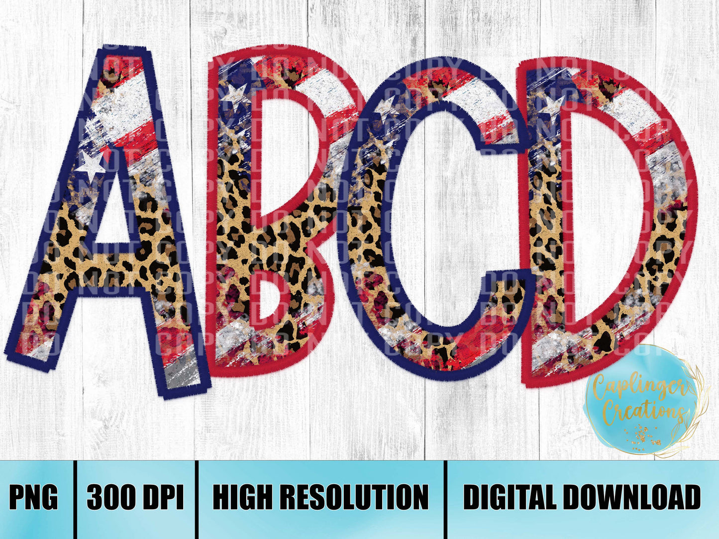American Flag Red and Blue Faux Embroidery - ALPHA SET A-Z - Digital download 300DPI PNG FILE