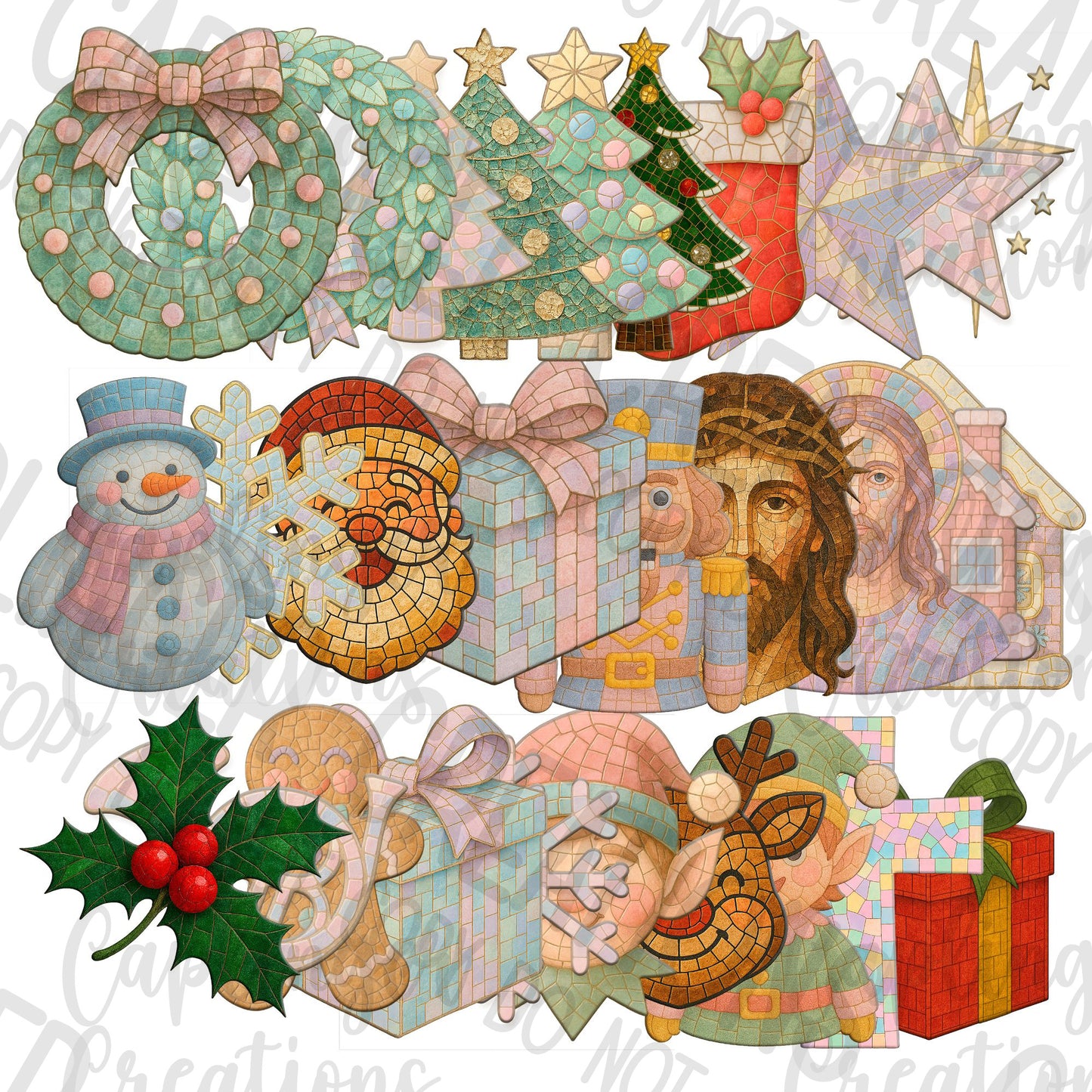 Christmas Faux Mosaic Tiles - CLIPART PACK - commercial use - Digital download 300DPI PNG FILE