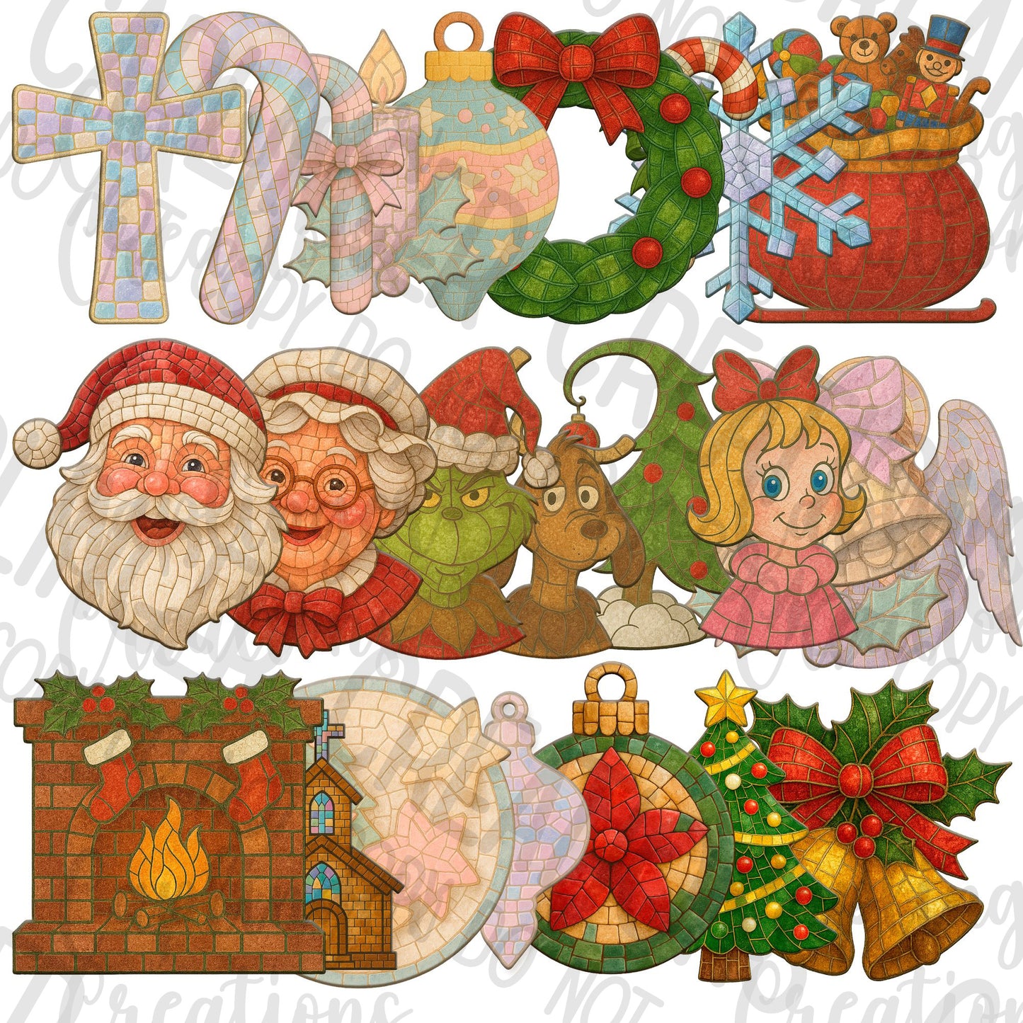 Christmas Faux Mosaic Tiles - CLIPART PACK - commercial use - Digital download 300DPI PNG FILE
