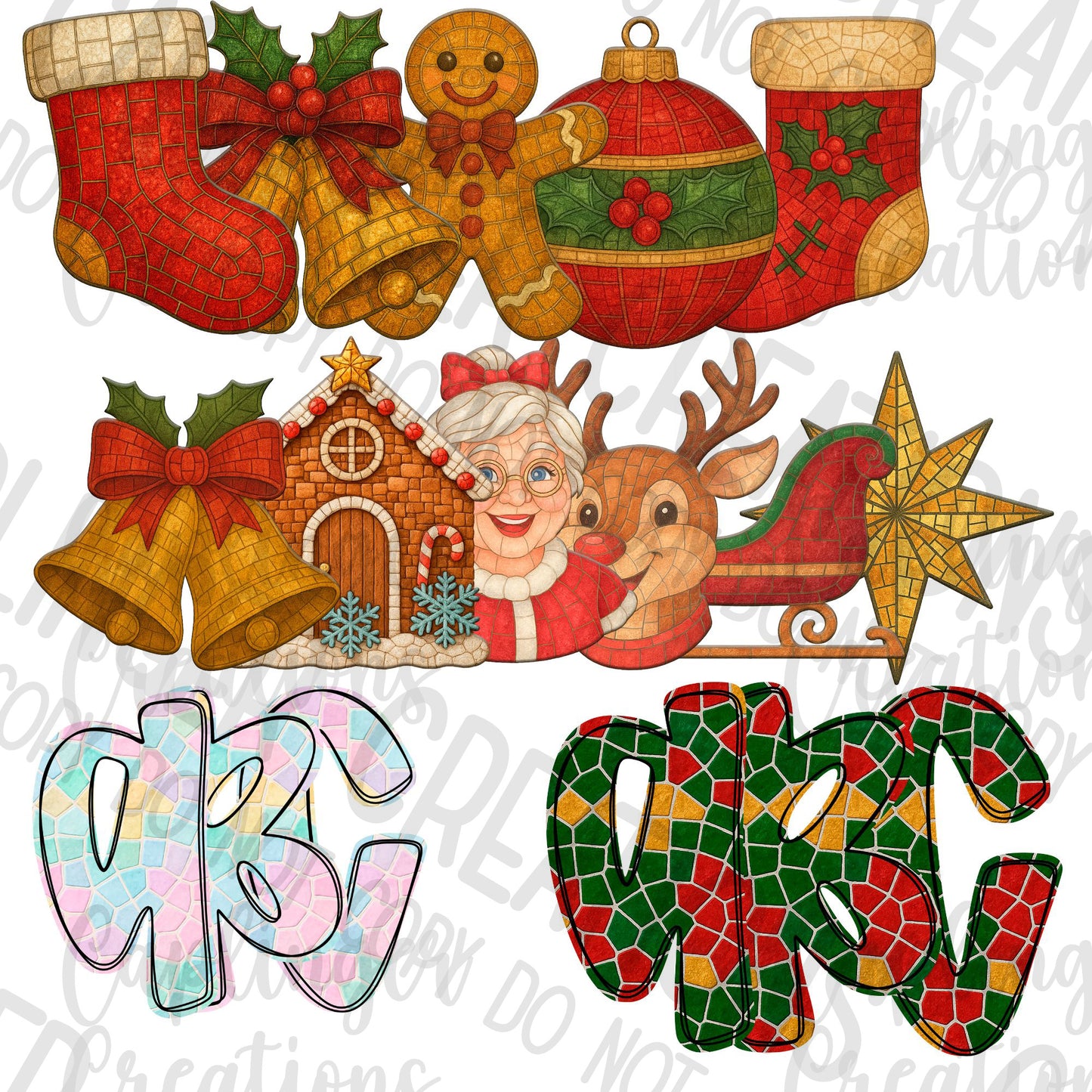 Christmas Faux Mosaic Tiles - CLIPART PACK - commercial use - Digital download 300DPI PNG FILE