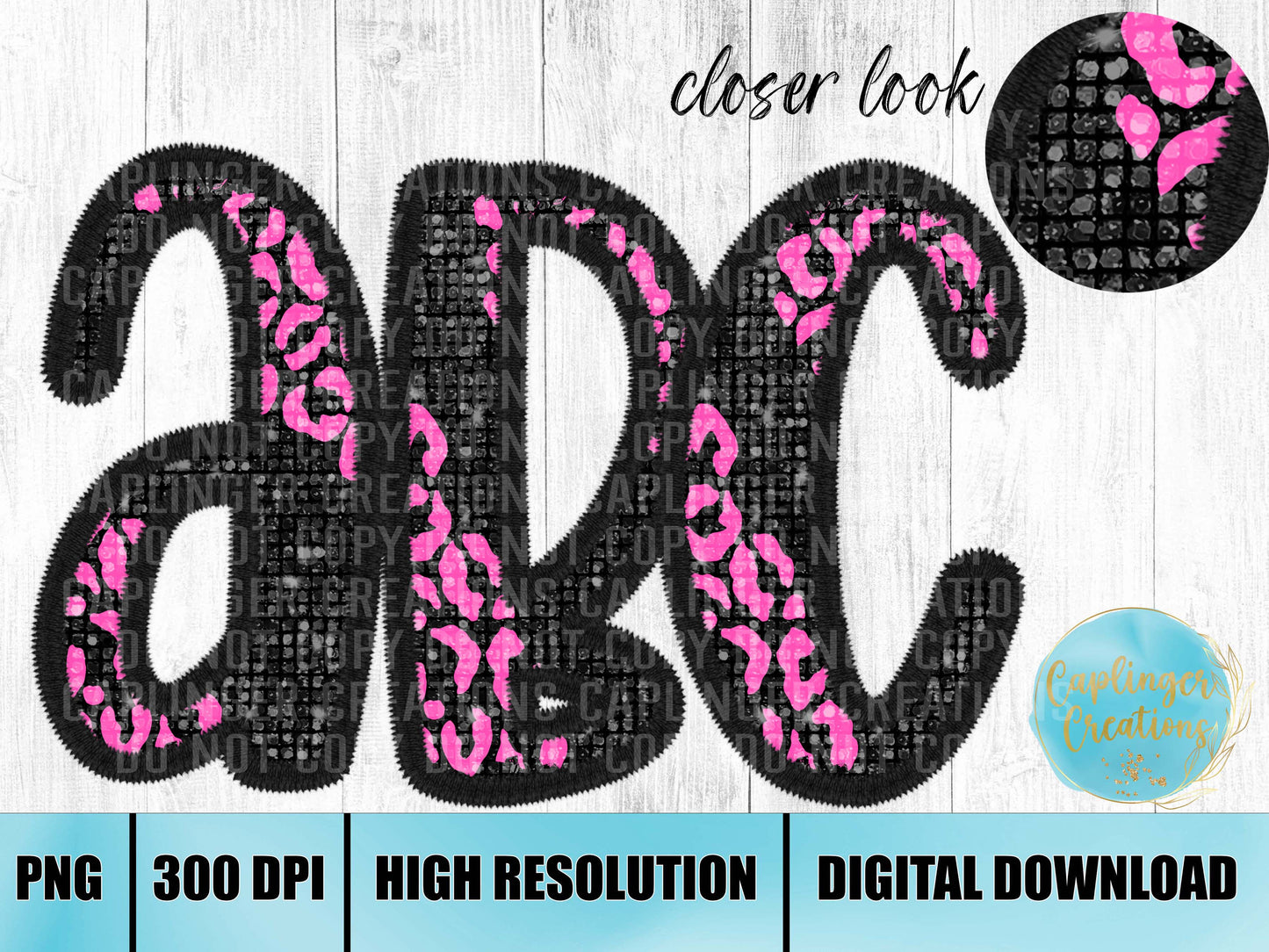 Black and Pink animal print Faux Sequin & Faux Embroidery - ALPHA SET A-Z - Digital download 300DPI PNG FILE