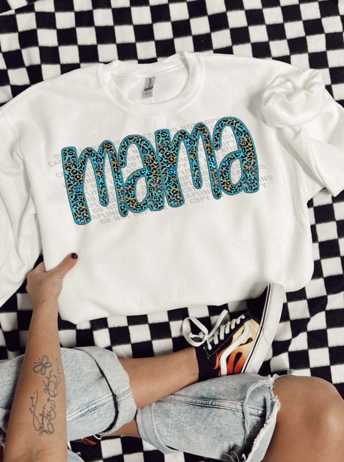 Mama - turquoise and navy Faux Embroidery - Digital download 300DPI PNG FILE