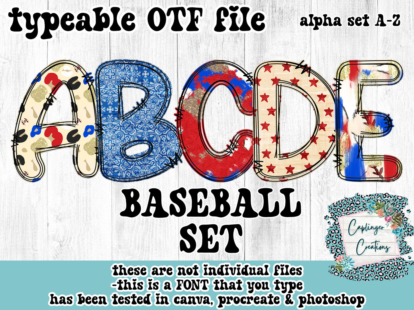 BASEBALL - 5 full alpha set styles - ALPHA FONT A-Z - TYPEABLE OTF FONT - Digital download