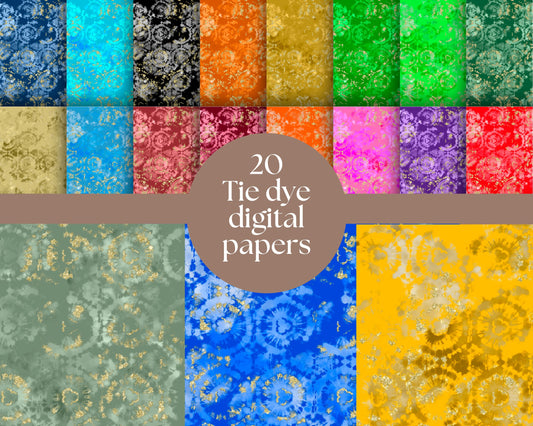 Tie Dye Digital Papers 20 w/ Gold accents & 20 w/Silver accents - NOT SEAMLESS - Digital download 300DPI PNG FILE