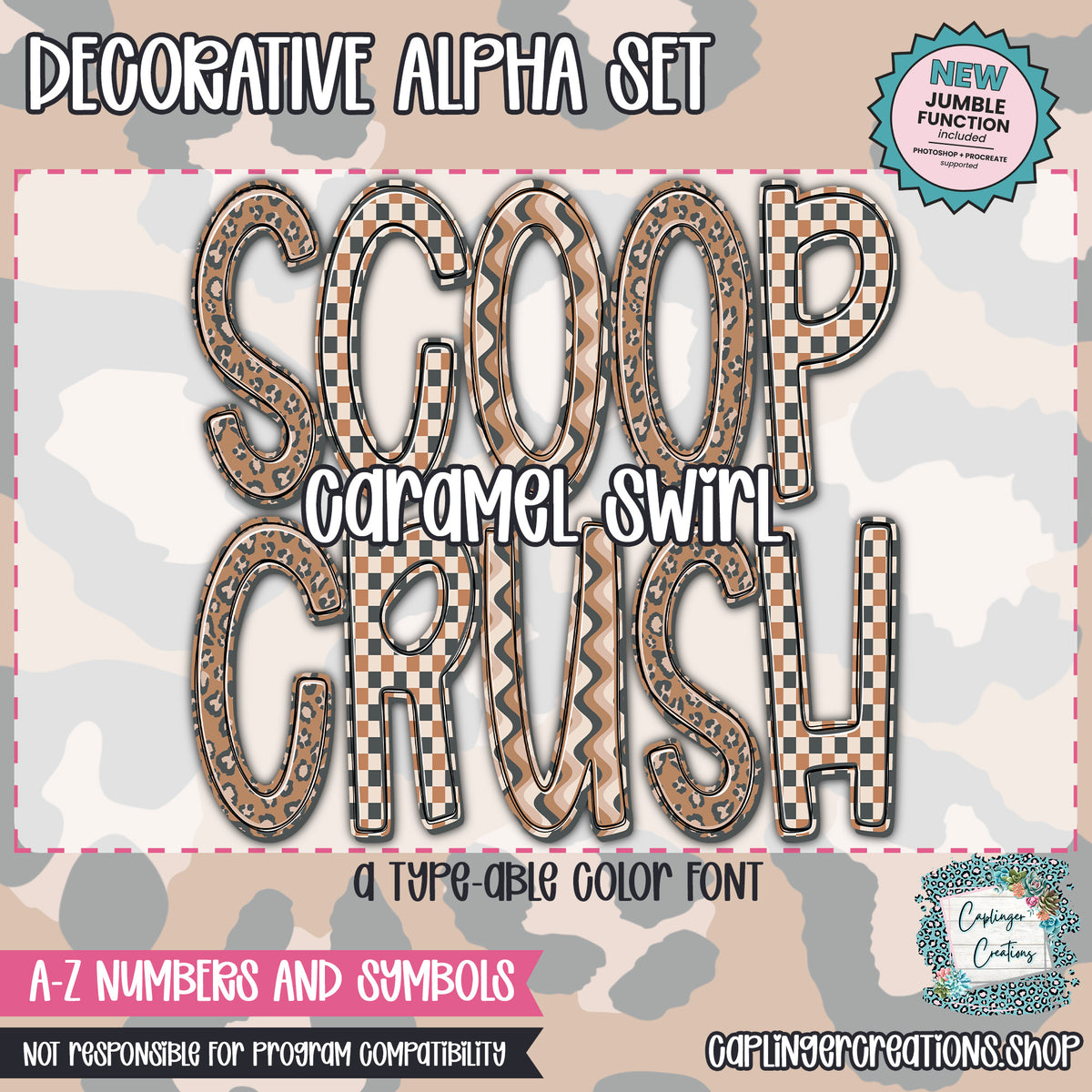 Scoop Crush | Caramel Swirl - JUMBLE ALPHA - 3 patterns - TYPEABLE OTF FONT + PNGS - Digital download
