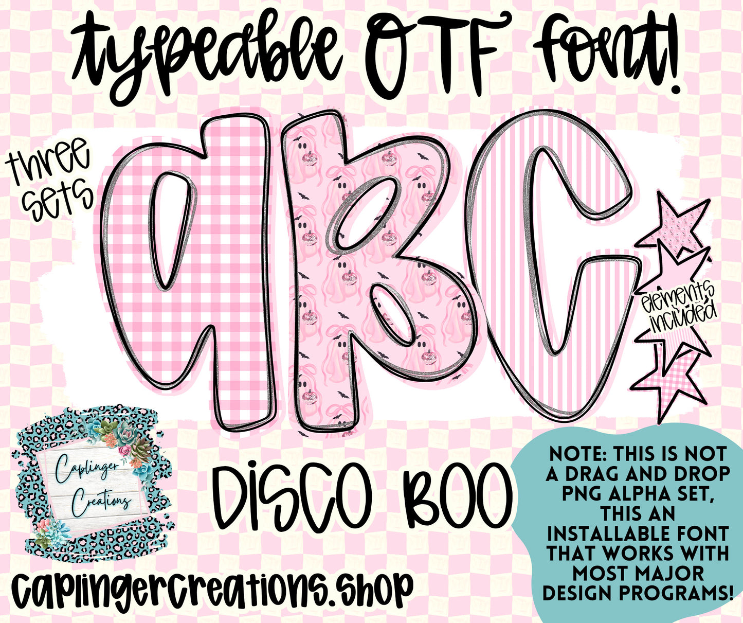DISCO BOO +ELEMENTS - TYPEABLE OTF FONT + PNGS - Digital download