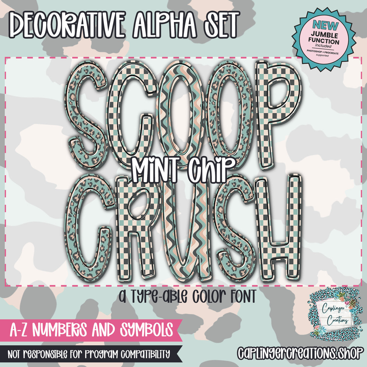 Scoop Crush | Mint Chip - JUMBLE ALPHA - 3 patterns - TYPEABLE OTF FONT + PNGS - Digital download