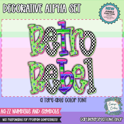 Retro Rebel - JUMBLE ALPHA - 3 patterns - TYPEABLE OTF FONT + PNGS - Digital download