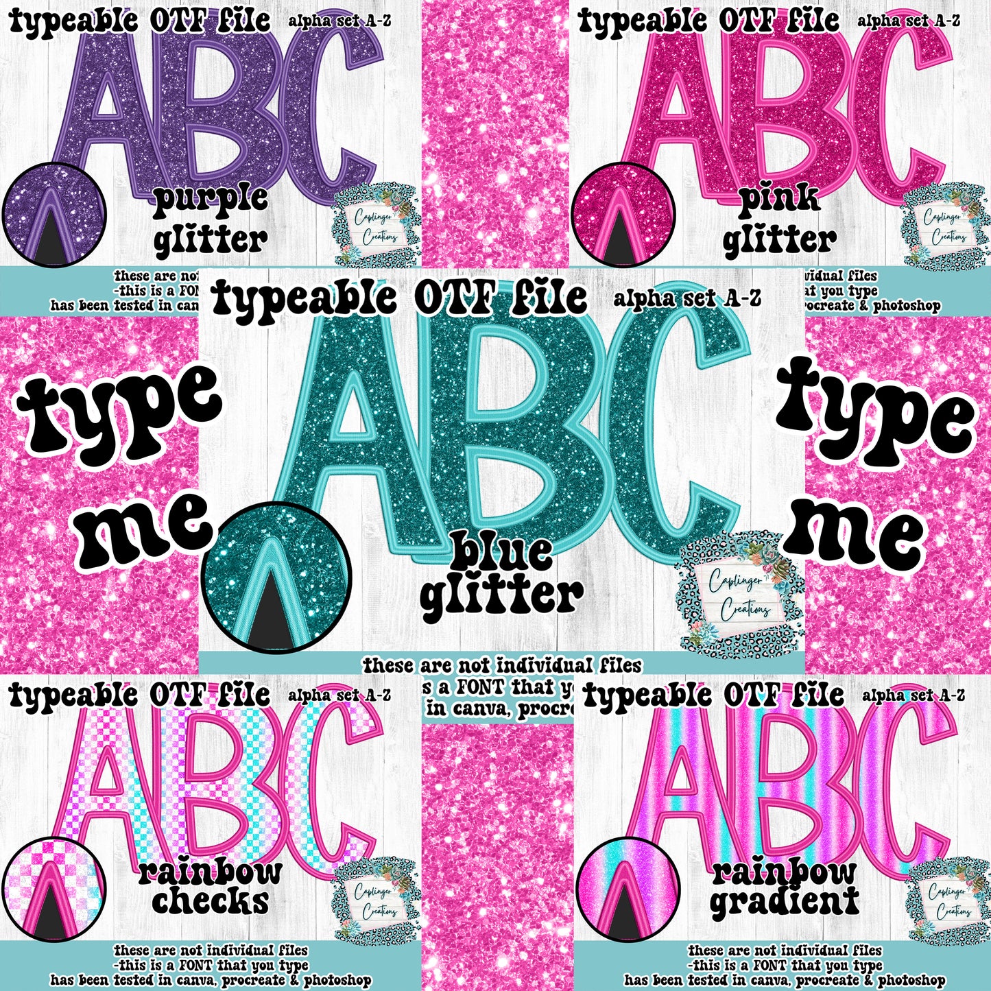 Rainbow Glitter Font Set - 5 ALPHA FONT A-Z - TYPEABLE FONT - Digital download 300DPI PNG FILE