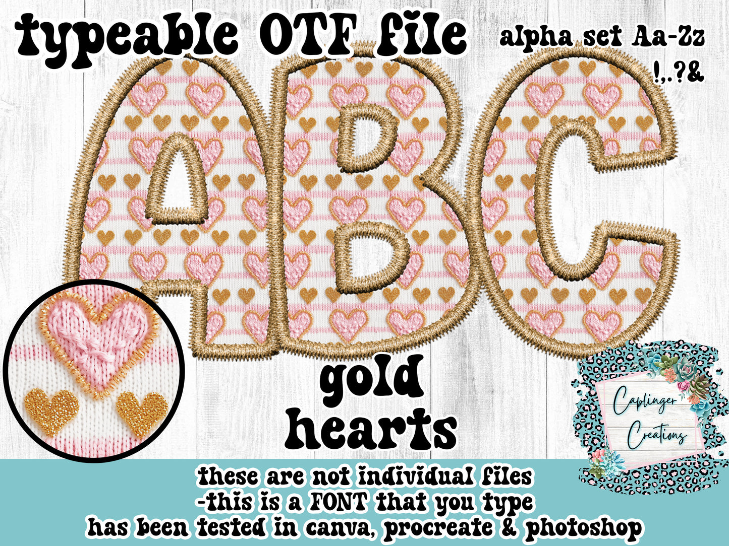 Gold Hearts Faux Embroidery - Aa-Zz,. - TYPEABLE OTF FONT Digital download