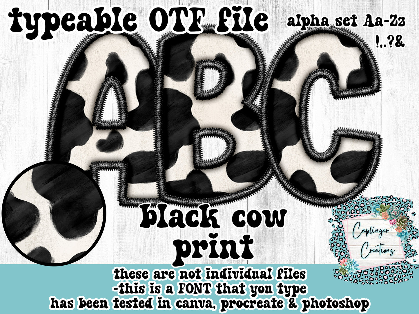 Black Cow print - ALPHA FONT A-Z - FAUX EMBROIDERY - TYPEABLE OTF FONT - Digital download