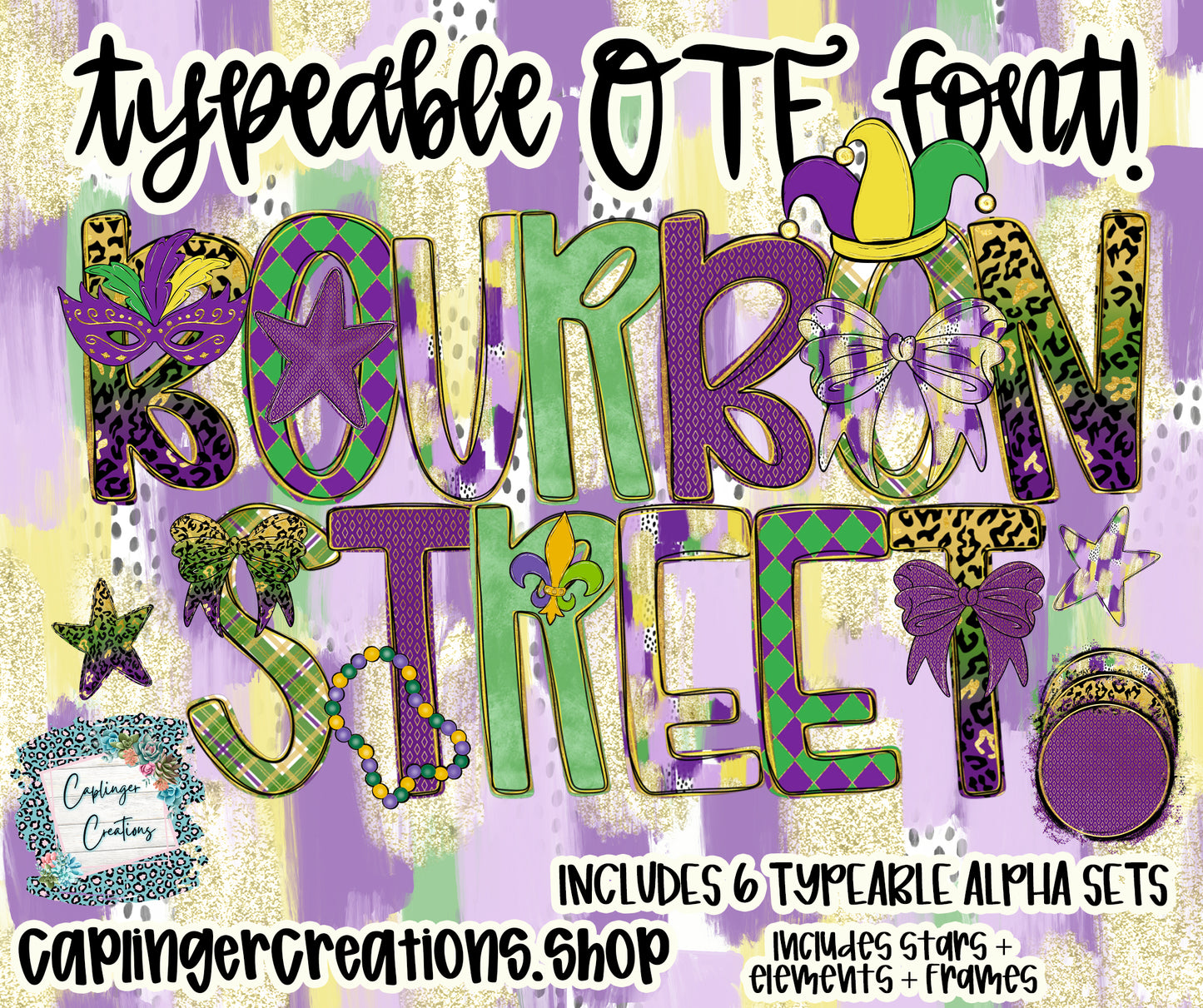 Bourbon Street - Set of 6 Alphas + elements - TYPEABLE OTF FONT + PNGS- commercial use included - Digital download