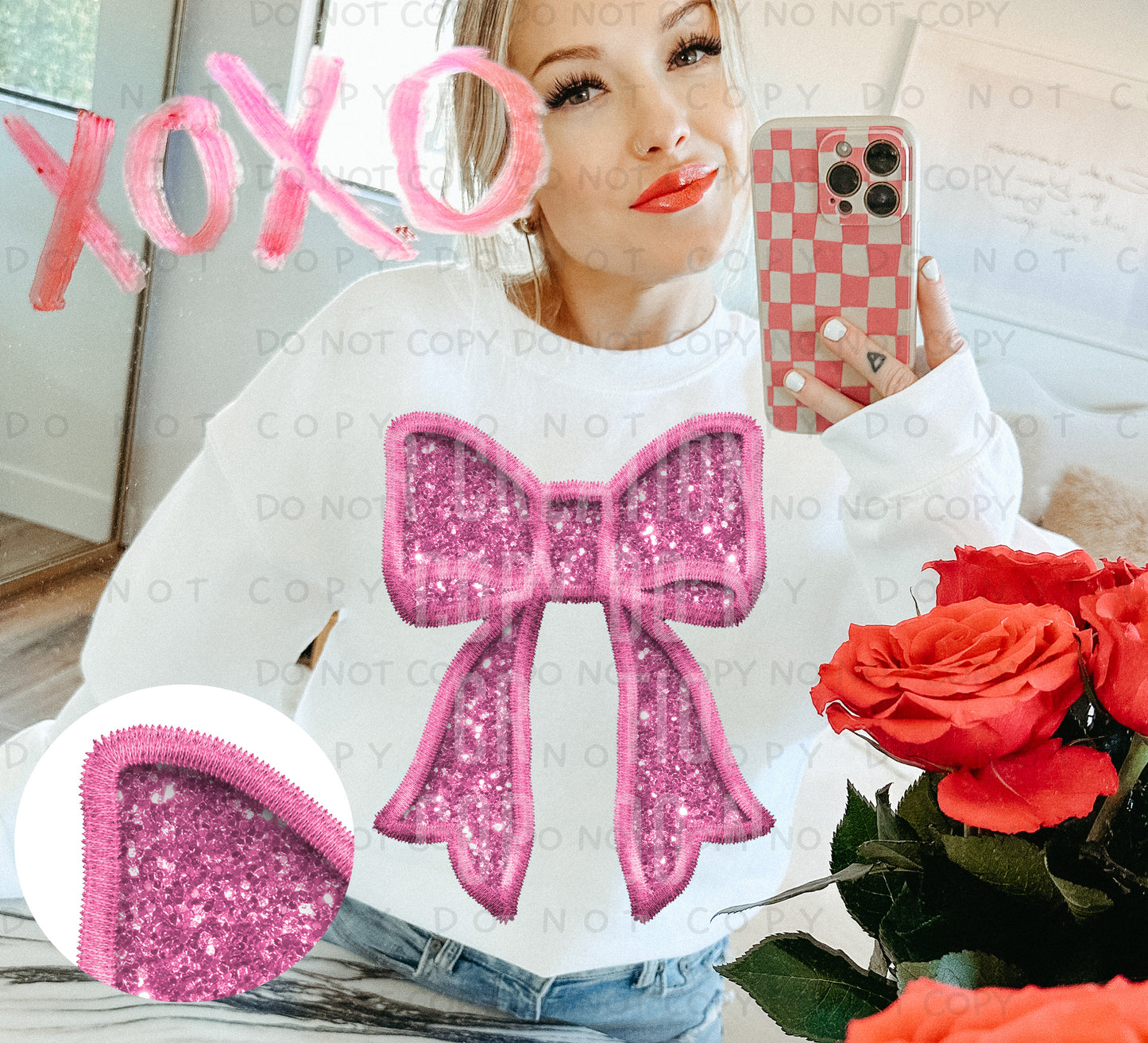 Pink Bow - Faux Embroidery - Digital download 300DPI PNG FILE