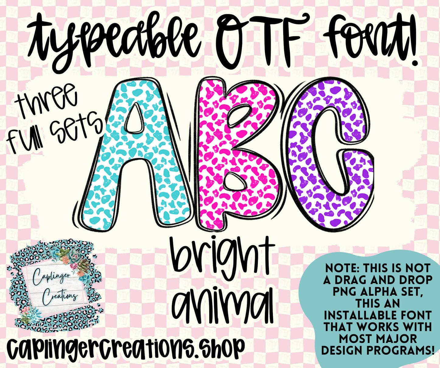 BRIGHT ANIMAL set of 3 - ALPHA FONT Aa-Zz, numbers and symbols- TYPEABLE OTF FONT - Digital download