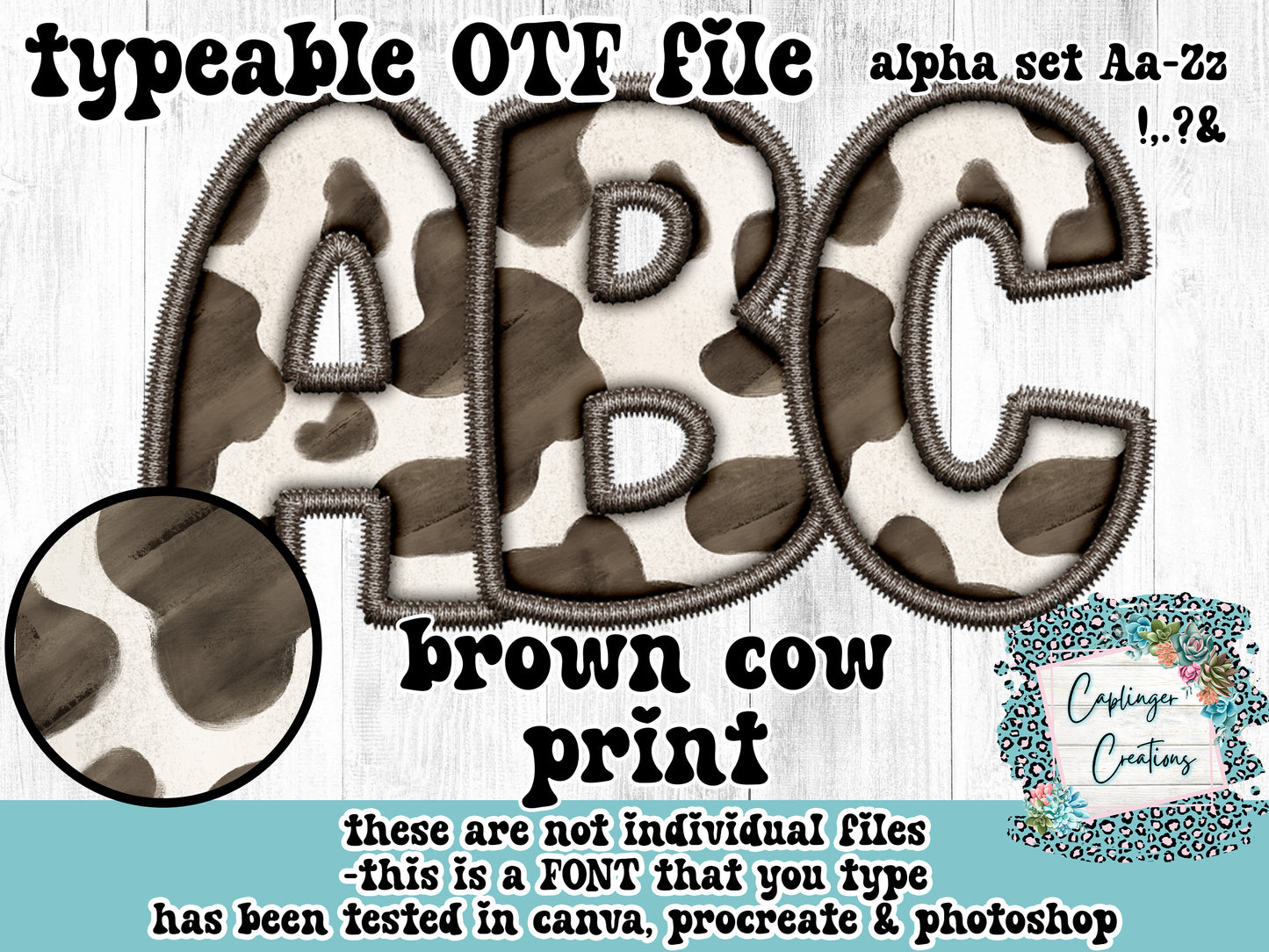 Brown Cow print - ALPHA FONT A-Z - FAUX EMBROIDERY - TYPEABLE OTF FONT - Digital download