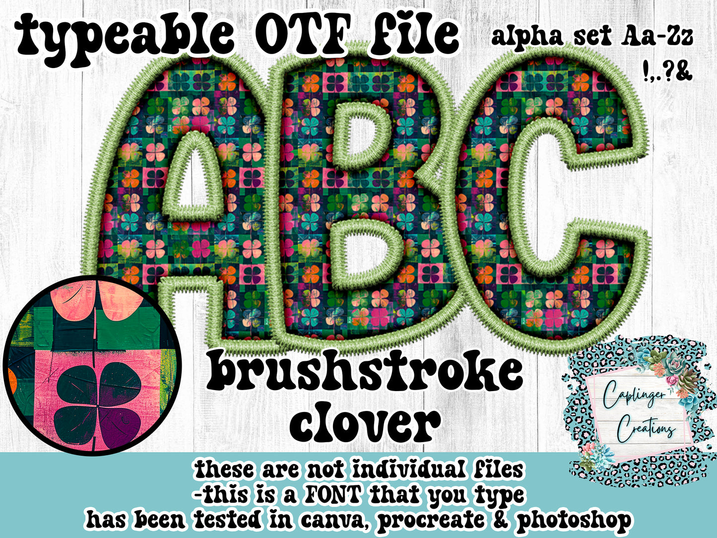 Brushstroke Clover ALPHA FONT Aa-Zz &,.!? - FAUX EMBROIDERY - TYPEABLE OTF FONT - Digital download
