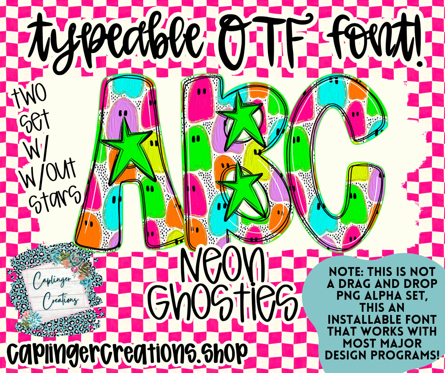 Neon Ghosties - TYPEABLE OTF FONT + PNGS - Digital download