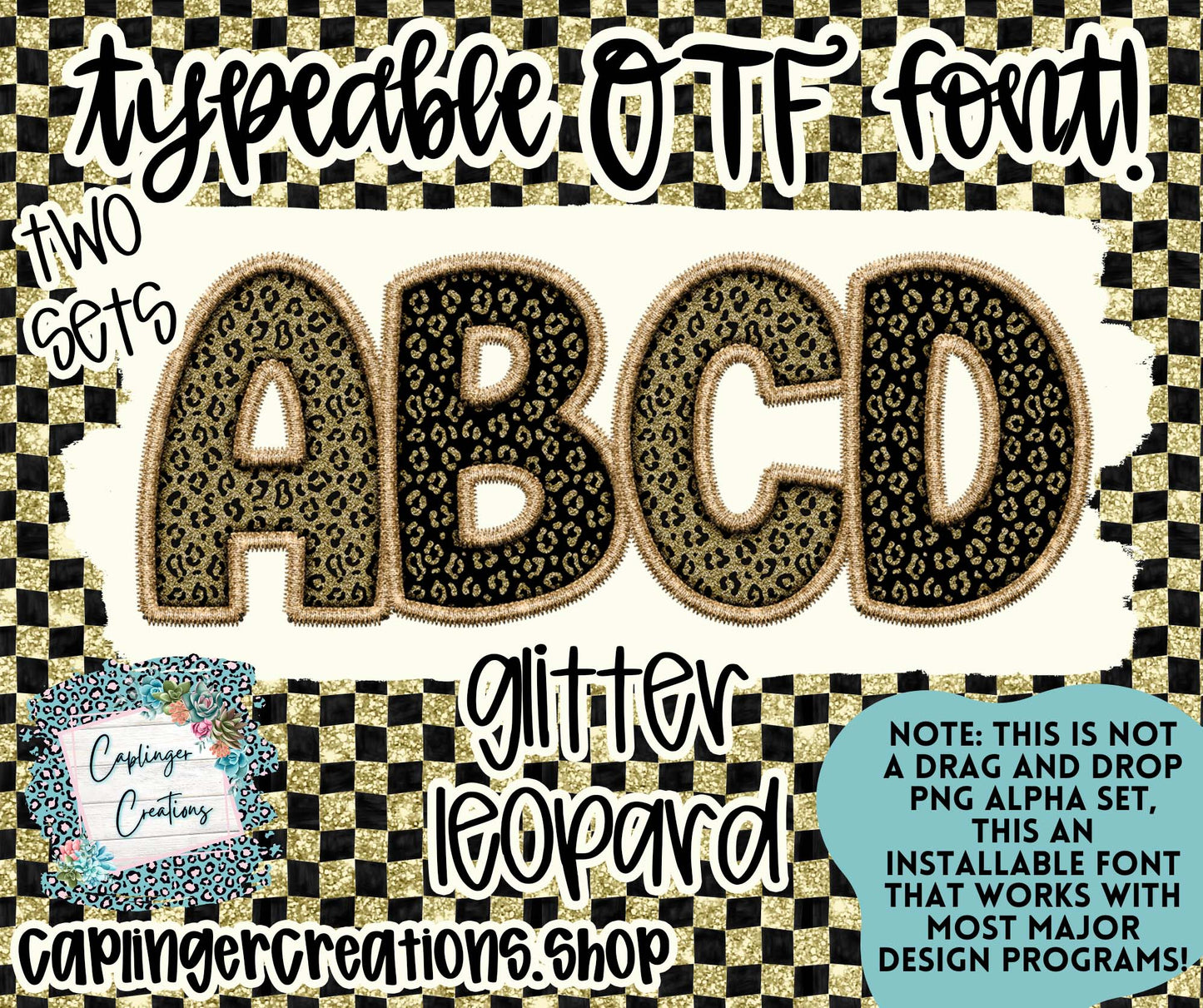 GLITTER LEOPARD set of 2- Faux Embroidery - TYPEABLE OTF FONT - Digital download