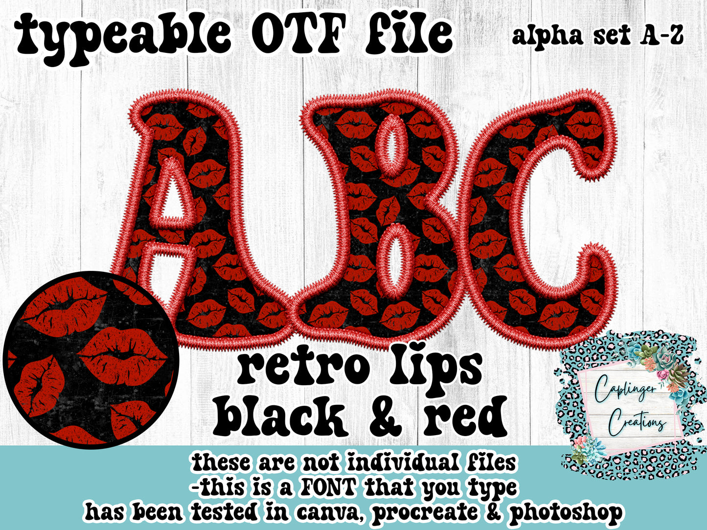 Retro Lips (Black&Red/Pink&Red) 2 full alpha set styles - ALPHA FONT A-Z - FAUX EMBROIDERY - TYPEABLE OTF FONT - Digital download