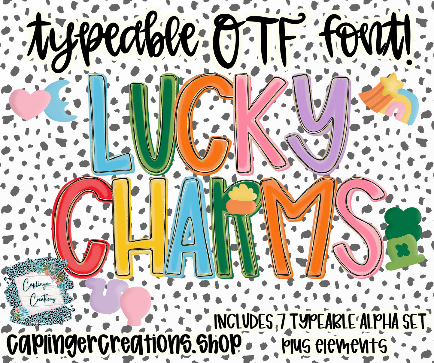 Lucky Charms - Set of 7 Alphas + elements - TYPEABLE OTF FONT + PNGS- commercial use included - Digital download