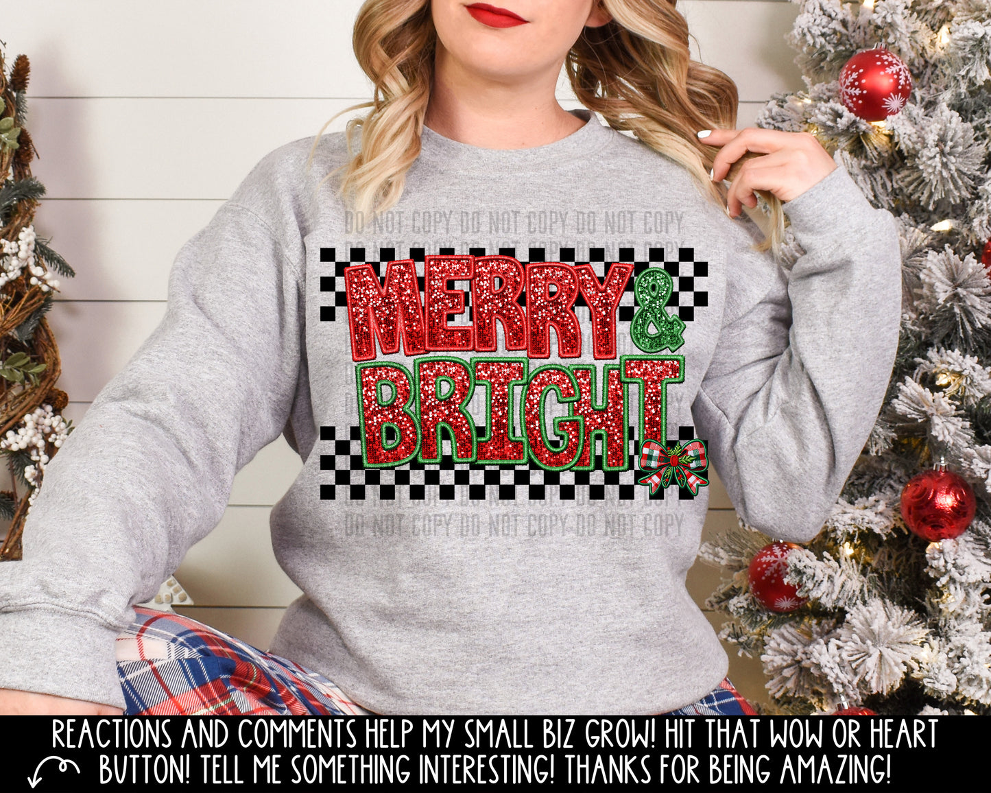 Merry & Bright Faux Embroidery Checkered Digital download 300DPI PNG FILE