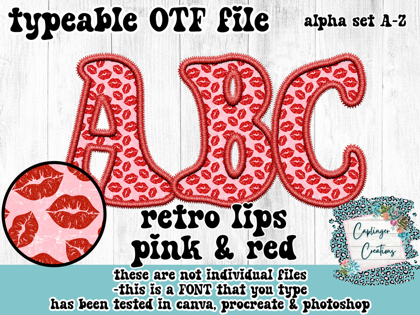 Retro Lips (Black&Red/Pink&Red) 2 full alpha set styles - ALPHA FONT A-Z - FAUX EMBROIDERY - TYPEABLE OTF FONT - Digital download