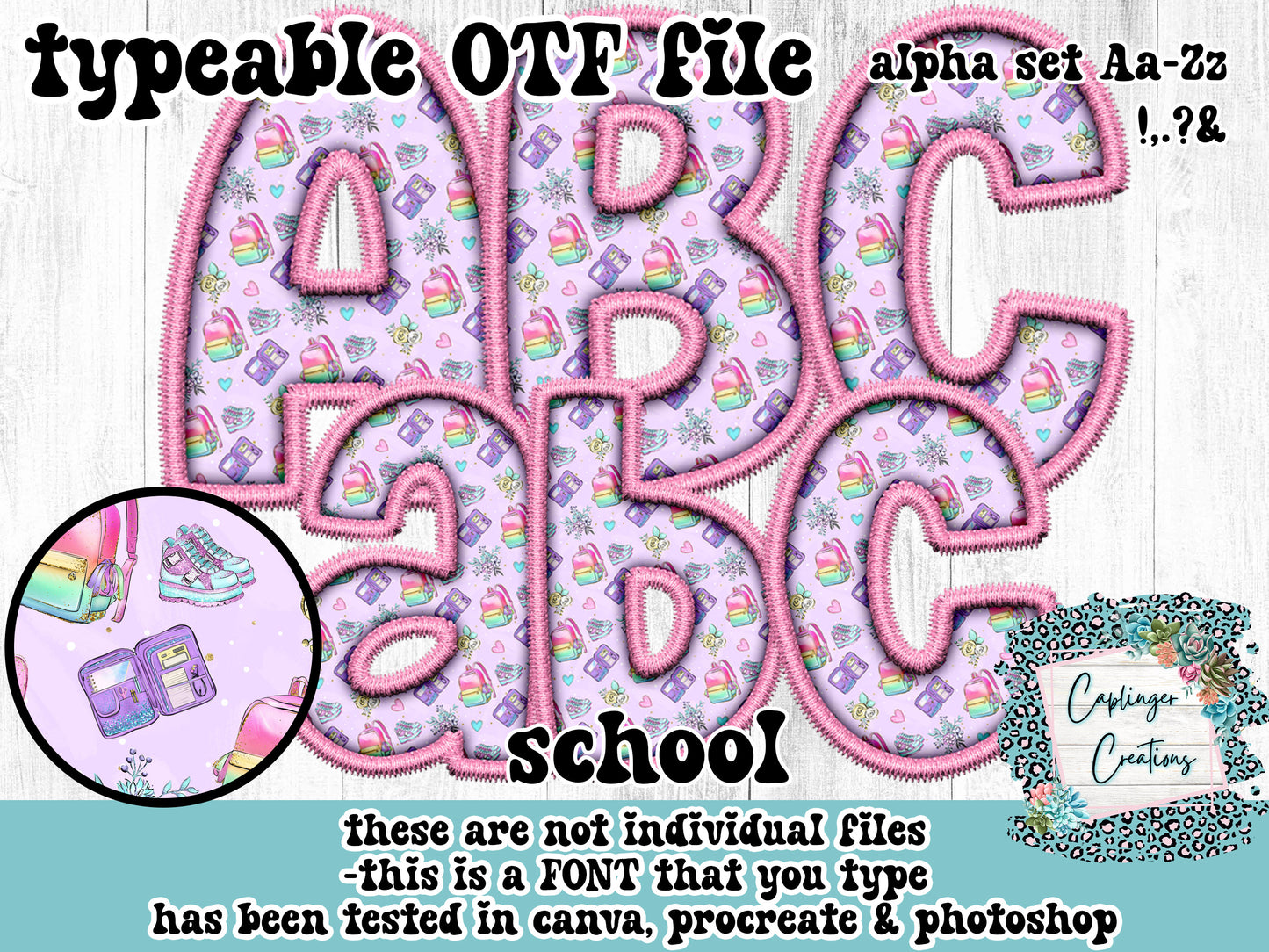 School Faux Embroidery - ALPHA FONT Aa-Zz ,.!?& symbols - TYPEABLE FONT - Digital download