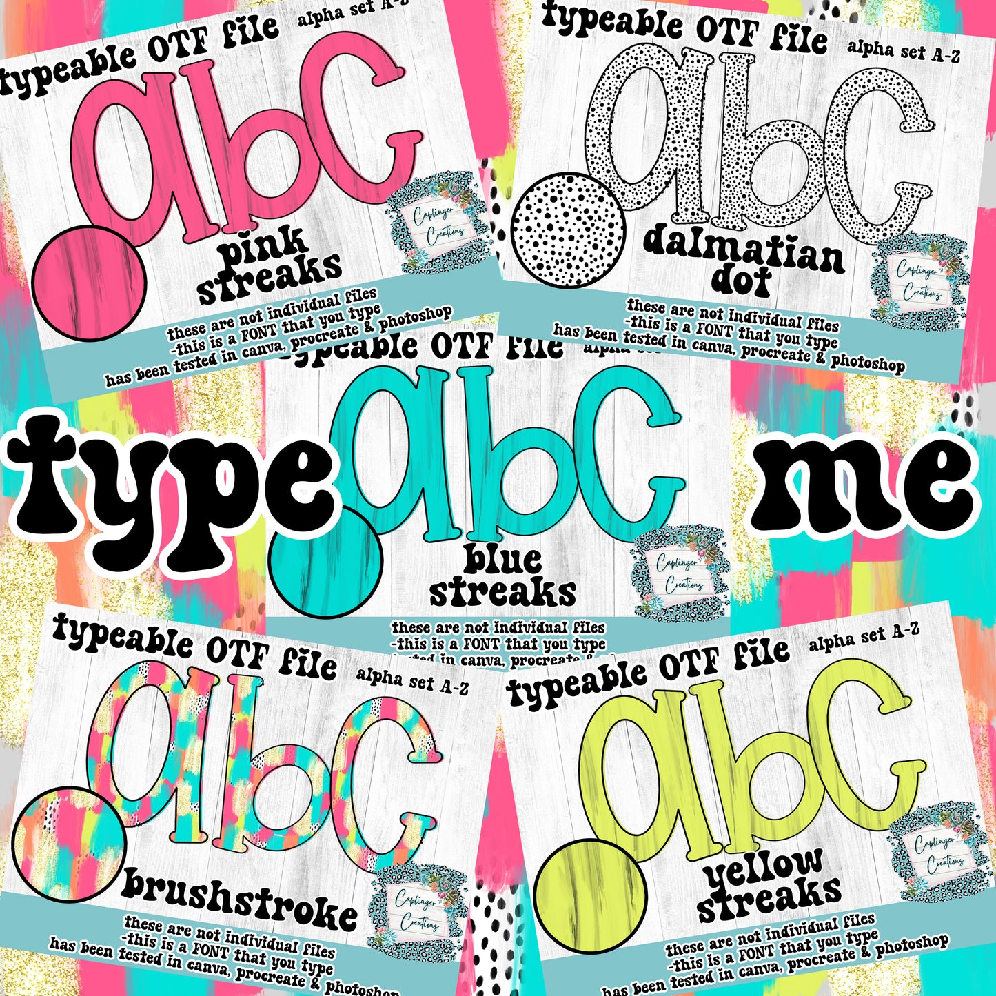 Brushstroke/Streak Matching Font Set - 5 ALPHA FONT A-Z - TYPEABLE FONT - Digital download 300DPI PNG FILE