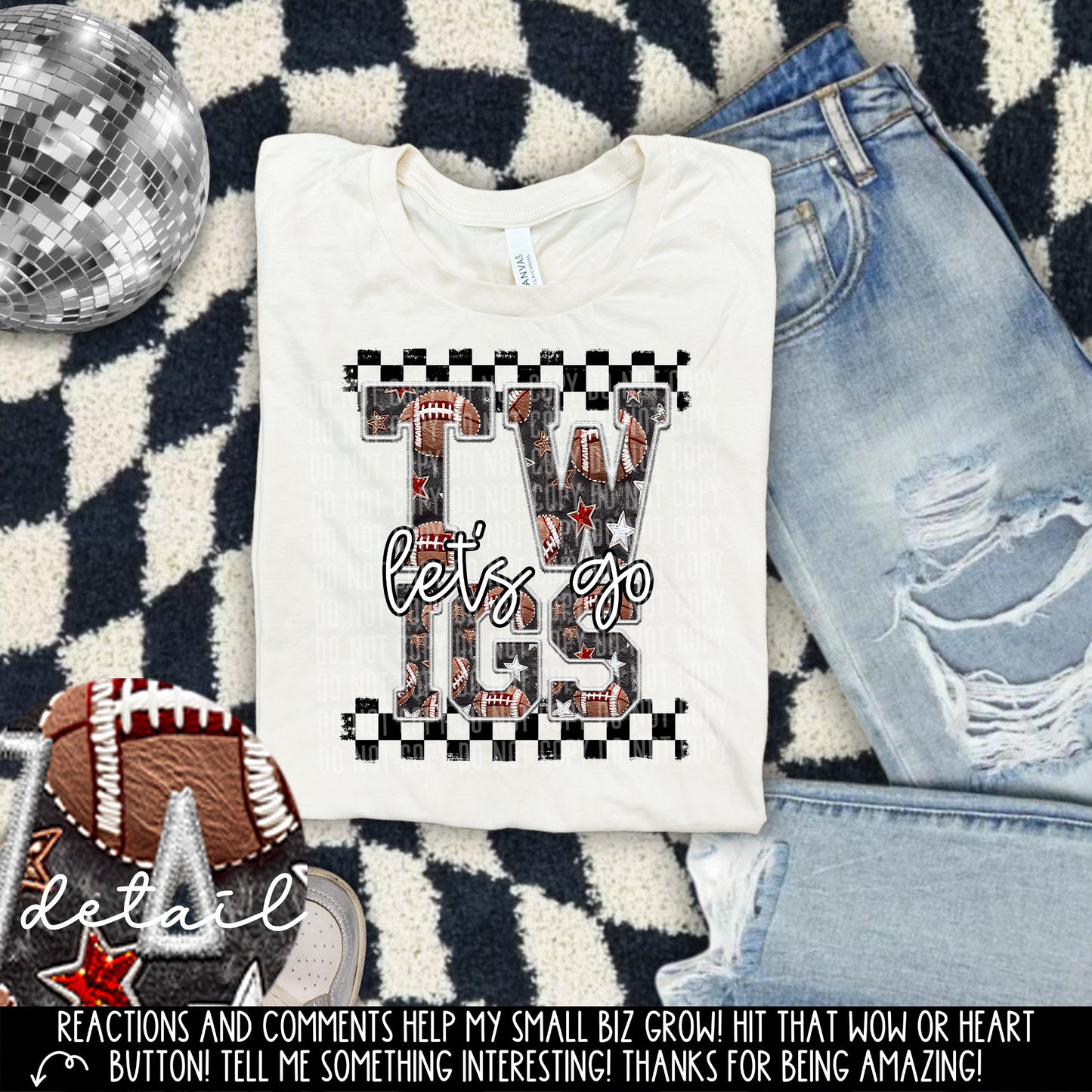 Let’s Go Football Faux Embroidery Checkered Mascots Dropdown With Custom Digital Download 300 DPI PNG