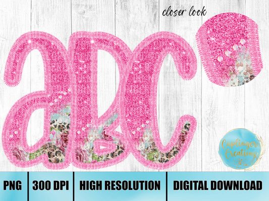 Pink Floral Faux Applique Alpha Set A-Z - Digital download 300DPI PNG FILE