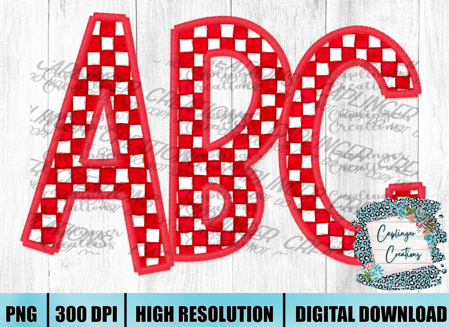 Red checkered Faux Embroidery - ALPHA SET A-Z - Digital download 300DPI PNG FILE