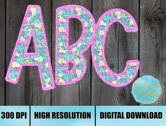 Floral Faux Embroidery - ALPHA SET A-Z - Digital download 300DPI PNG FILE