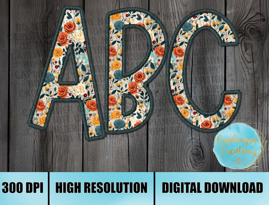 Colorful Floral Faux Embroidery - ALPHA SET A-Z - Digital download 300DPI PNG FILE