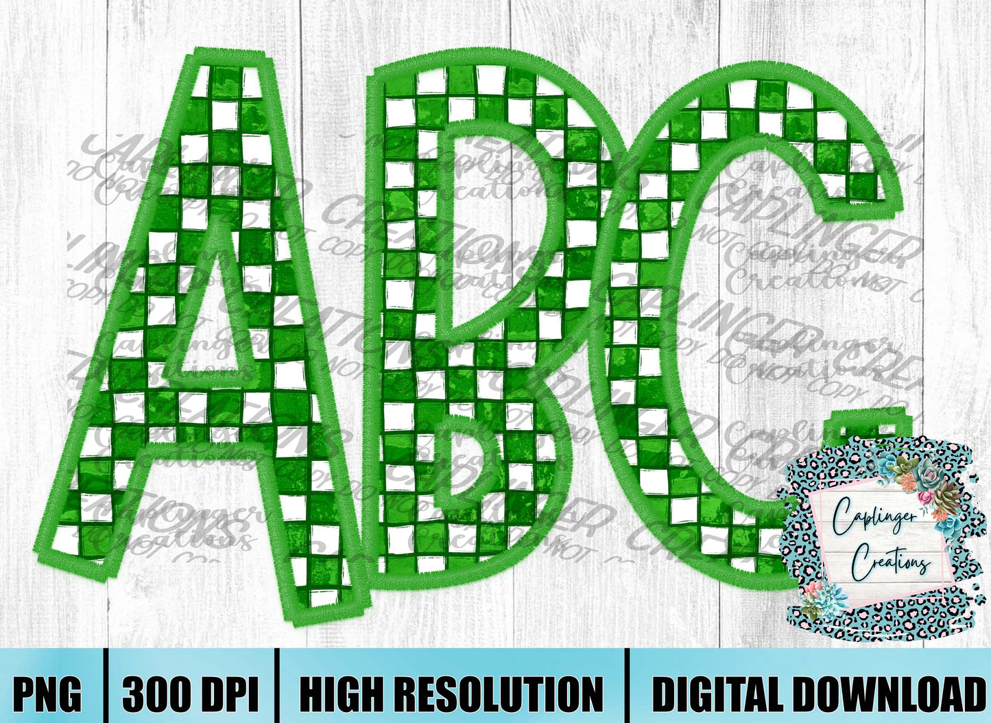 Green checkered Faux Embroidery - ALPHA SET A-Z - Digital download 300DPI PNG FILE