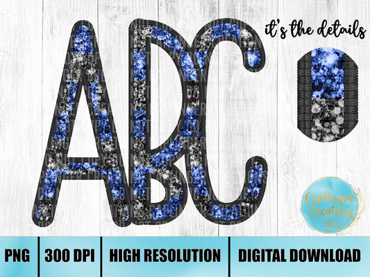 Faux Glitter and Embroidery Blue/Black Checkered - ALPHA SET A-Z plus numbers and symbols - Digital download 300DPI PNG FILE