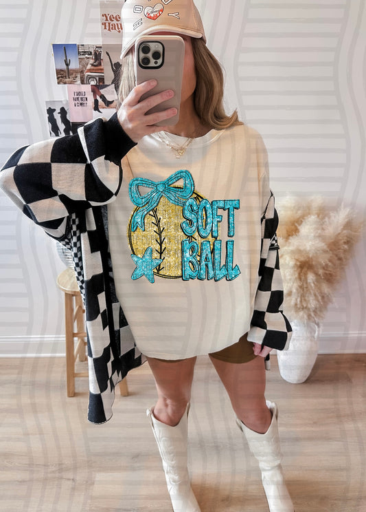 Softball with bow -Faux sequin- Color Dropdown Digital Download 300DPI PNG FILE