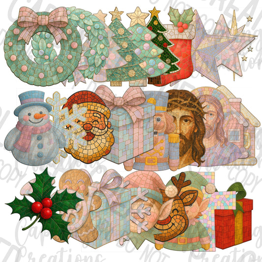 Christmas Faux Mosaic Tiles - CLIPART PACK - commercial use - Digital download 300DPI PNG FILE