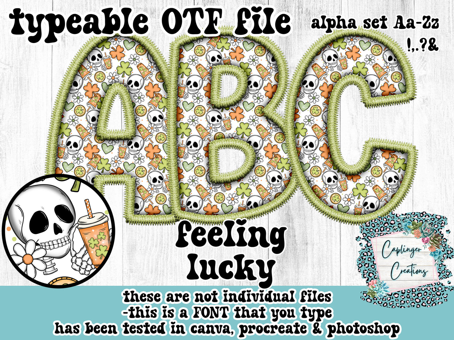 Feeling Lucky ALPHA FONT Aa-Zz &,.!? - FAUX EMBROIDERY  - TYPEABLE OTF FONT - Digital download