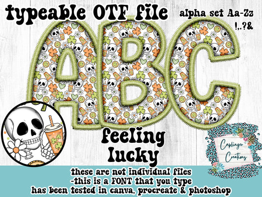 Feeling Lucky ALPHA FONT Aa-Zz &,.!? - FAUX EMBROIDERY  - TYPEABLE OTF FONT - Digital download