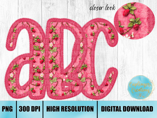 Strawberry Faux Embroidery Alpha Set A-Z - Digital download 300DPI PNG FILE