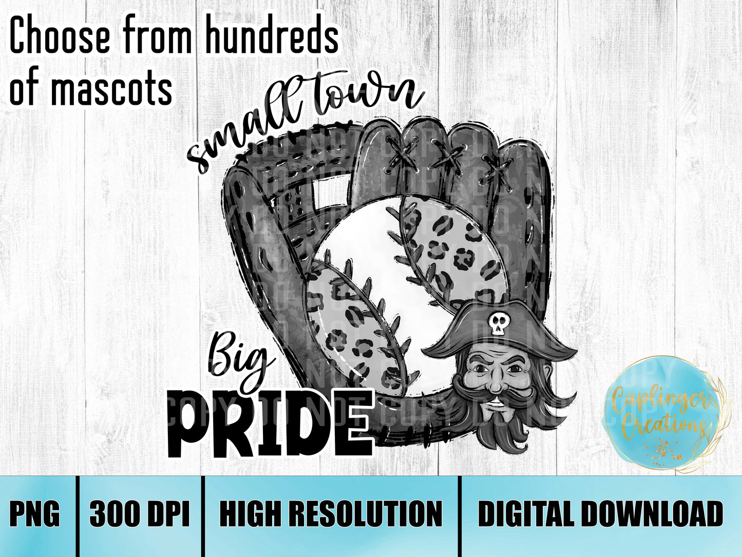 Custom Mascot Grayscale Small town big pride Baseball/Glove - Digital download 300DPI PNG FILE