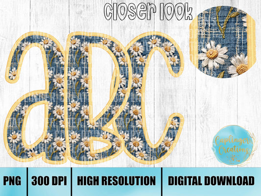 Yellow Denim Daisies Faux Embroidery - ALPHA SET A-Z - Digital download 300DPI PNG FILE