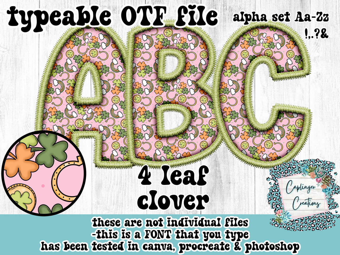 4 Leaf clover ALPHA FONT Aa-Zz &,.!? - FAUX EMBROIDERY  - TYPEABLE OTF FONT - Digital download