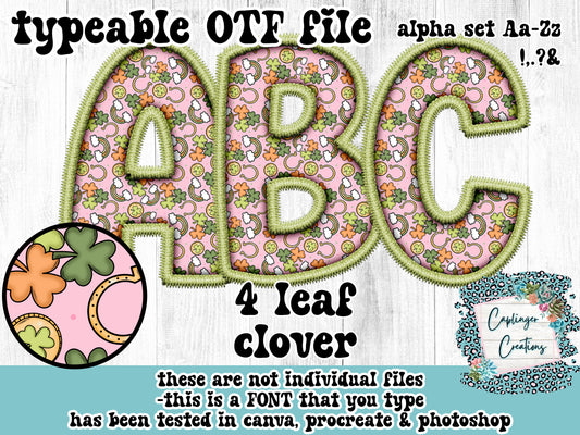 4 Leaf clover ALPHA FONT Aa-Zz &,.!? - FAUX EMBROIDERY  - TYPEABLE OTF FONT - Digital download