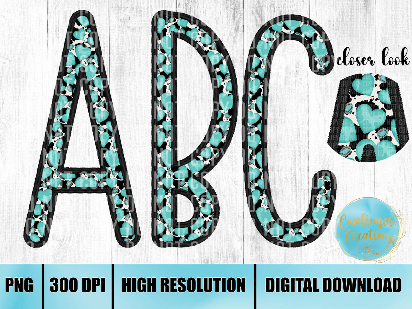 Cowhide Teal Hearts Faux Embroidery - ALPHA SET A-Z plus numbers and symbols - Digital download 300DPI PNG FILE