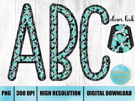 Cowhide Teal Hearts Faux Embroidery - ALPHA SET A-Z plus numbers and symbols - Digital download 300DPI PNG FILE