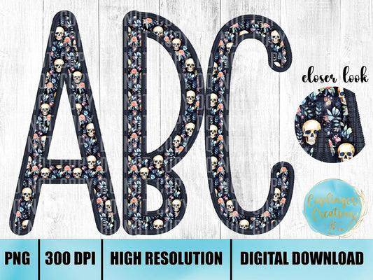 Floral Skulls Faux Embroidery - ALPHA SET A-Z plus numbers and symbols - Digital download 300DPI PNG FILE