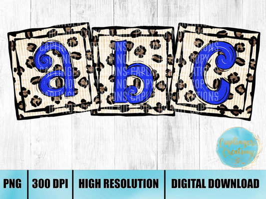 BLUE leopard printed square style - ALPHA SET A-Z - Digital download 300DPI PNG FILE