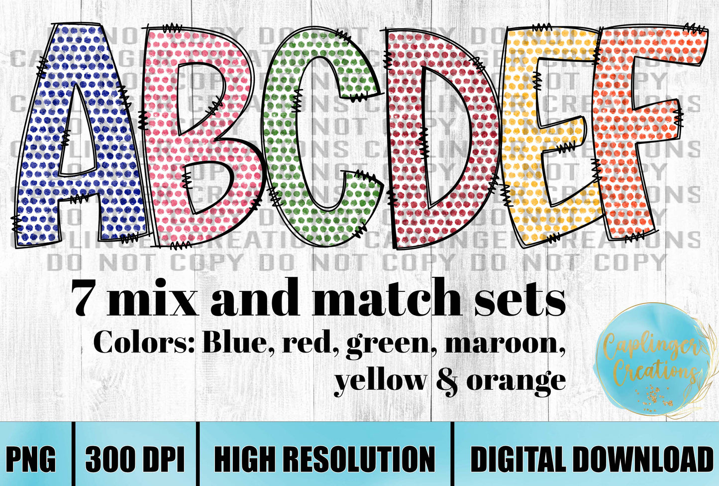 Dots Mix & Match Alpha Sets A-Z - 7 SETS in ALL - Digital download 300DPI PNG FILE